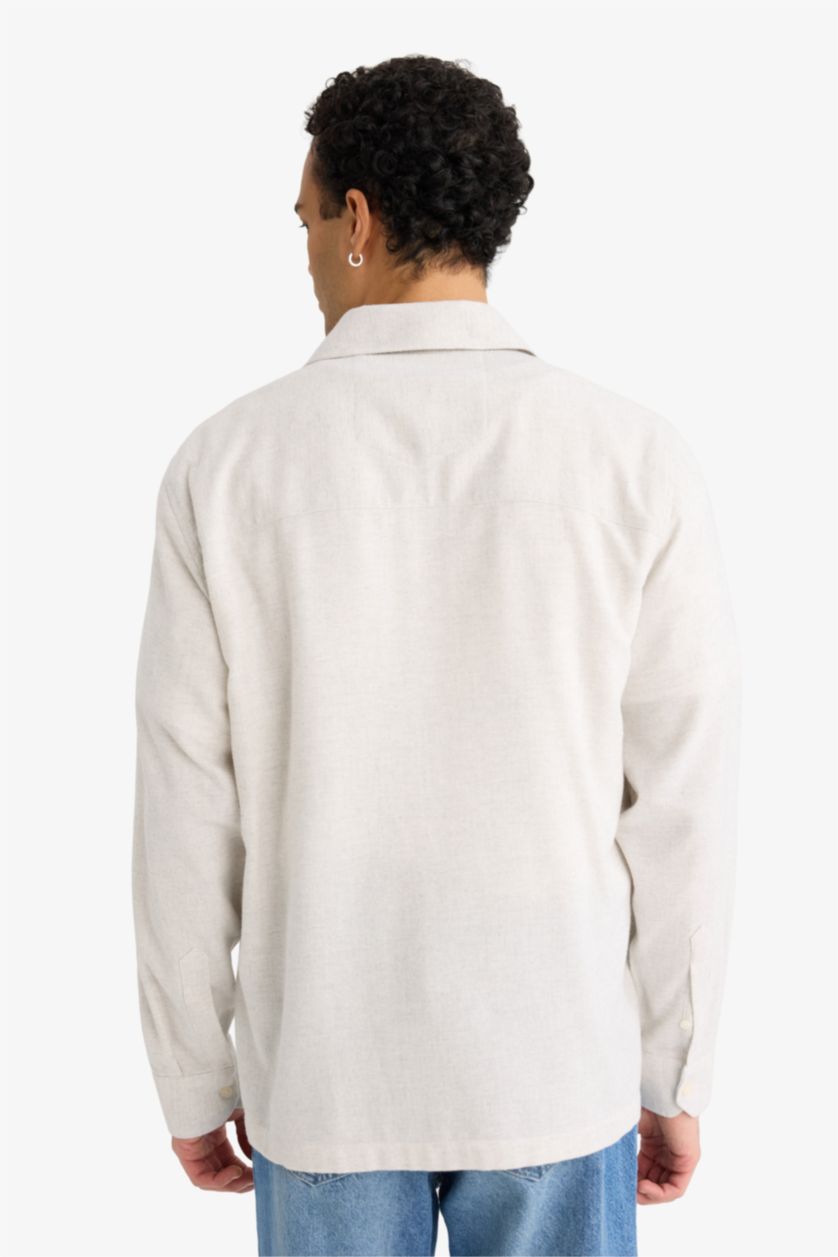 رجالي رمادي فاتح قميص كم طويل فلانيل قصة عادية