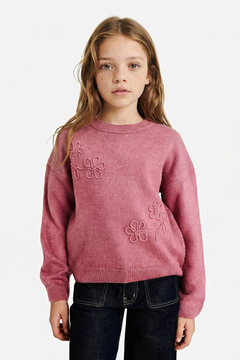 Kız Çocuk - Genç Kız Gülkurusu Bisiklet Yaka Nakışlı Triko Kazak Kız Çocuk