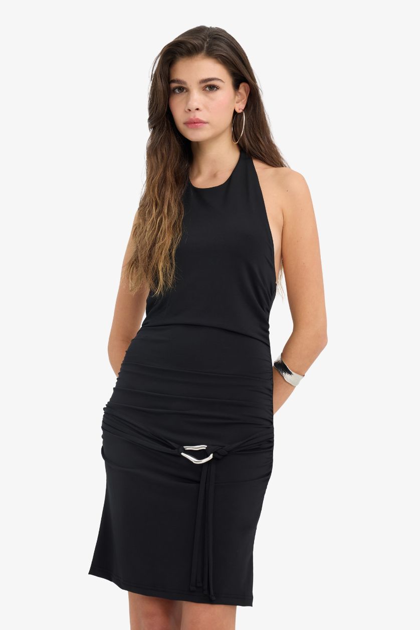 WOMAN Black Body Hugging Halter Neck Mini Dress