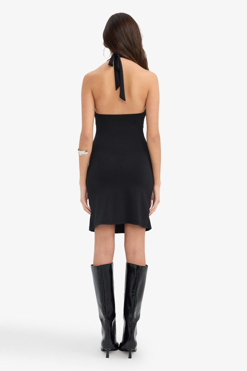 WOMAN Black Body Hugging Halter Neck Mini Dress