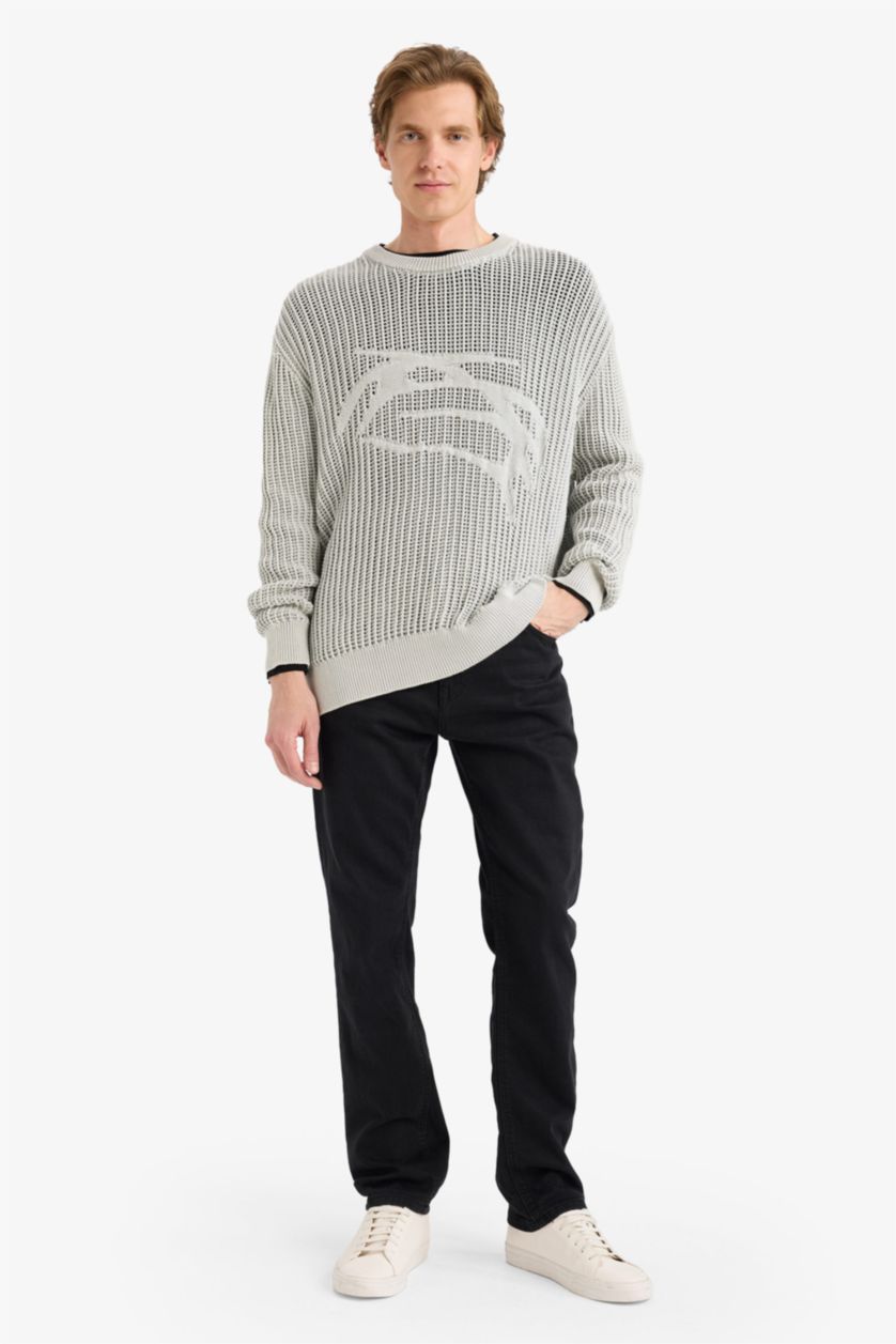 MAN Light Grey Crew Neck Openwork Knit Pullover