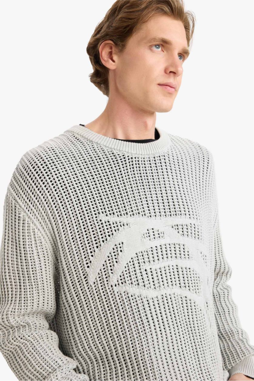 MAN Light Grey Crew Neck Openwork Knit Pullover