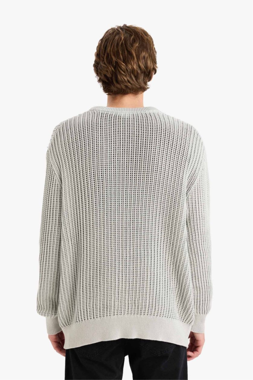 MAN Light Grey Crew Neck Openwork Knit Pullover