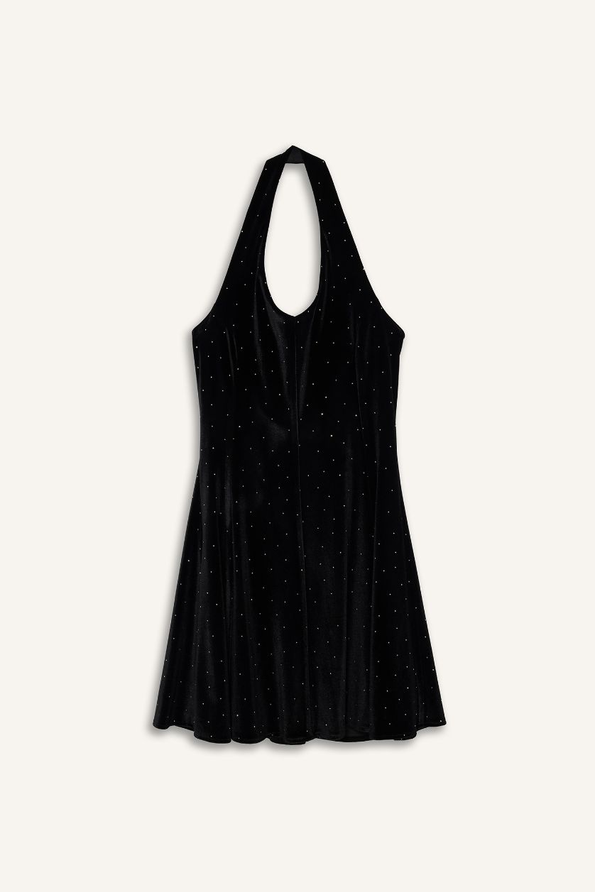 Kadın Siyah Halter Yaka Taşlı Kadife Mini Elbise