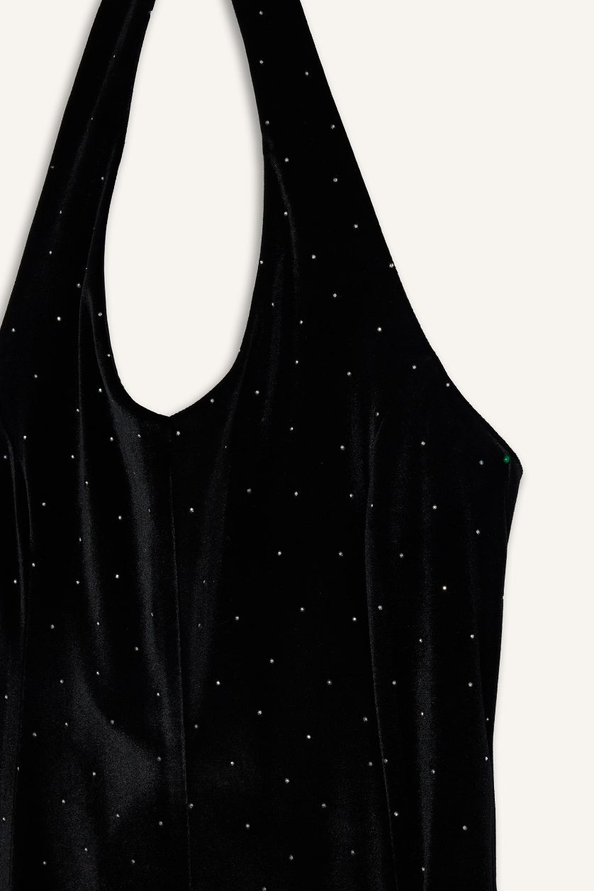 Kadın Siyah Halter Yaka Taşlı Kadife Mini Elbise