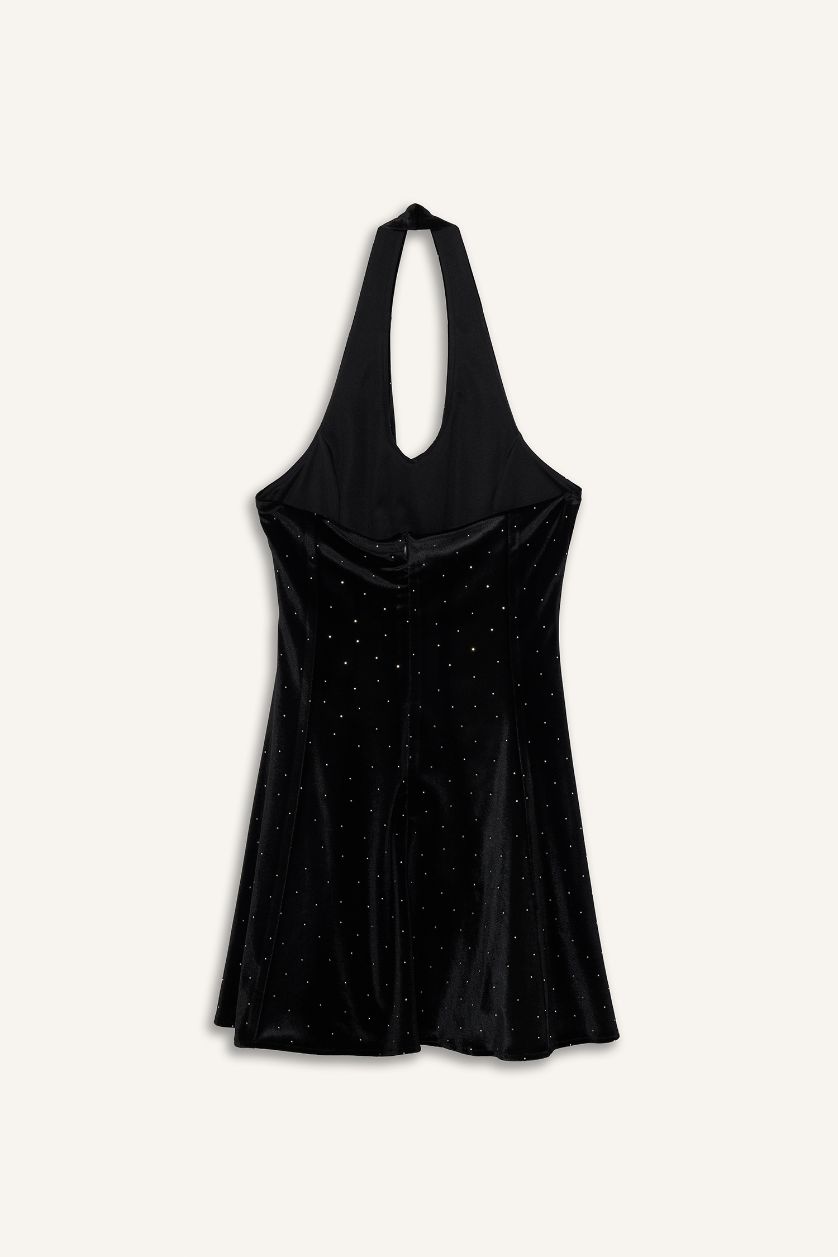 Kadın Siyah Halter Yaka Taşlı Kadife Mini Elbise