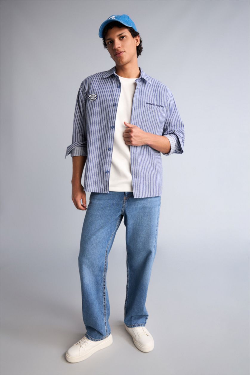 Erkek Lacivert Boxy Fit Uzun Kollu Gömlek