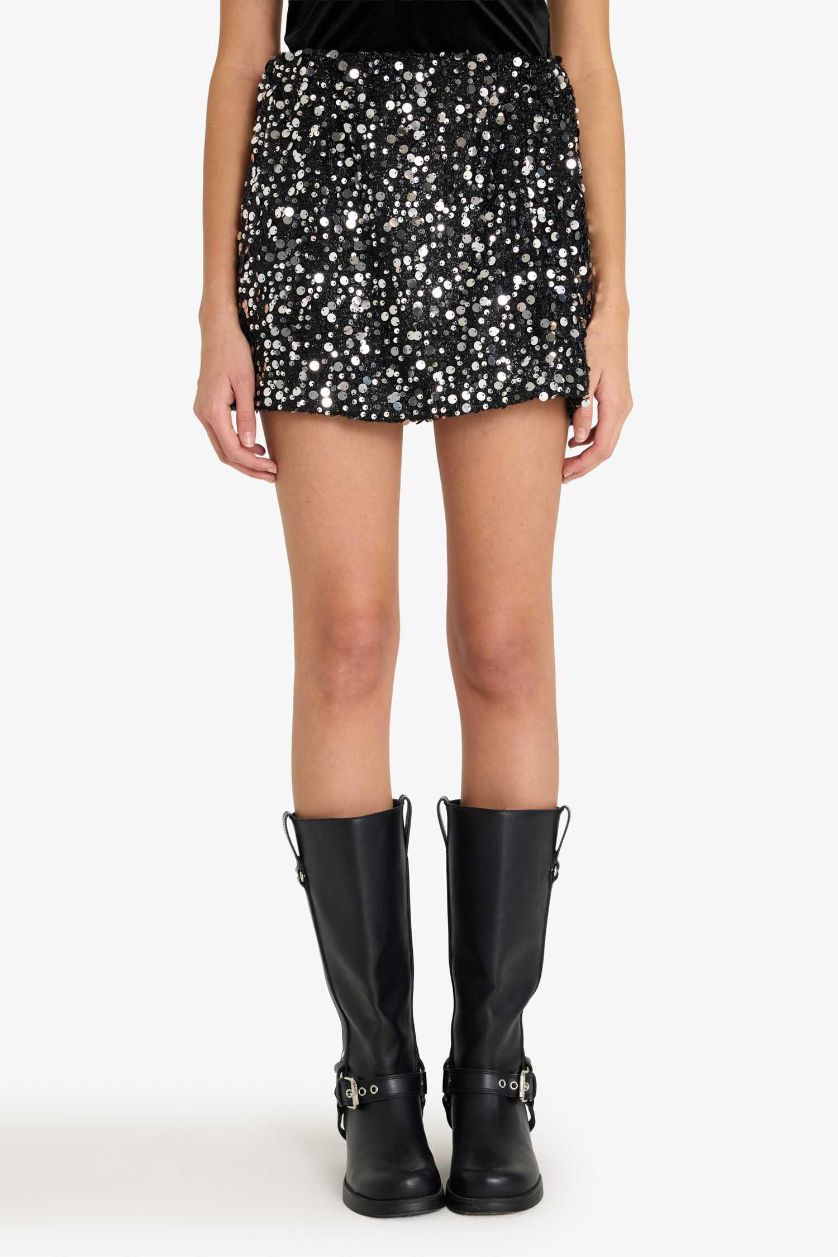 FEMME Noir Mini jupe à sequins à taille élastique