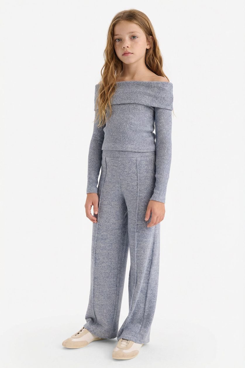 Kız Çocuk - Genç Kız Lacivert 2'li Takım Omzu Açık Bluz Geniş Bol Paça Pantolon Kız Çocuk