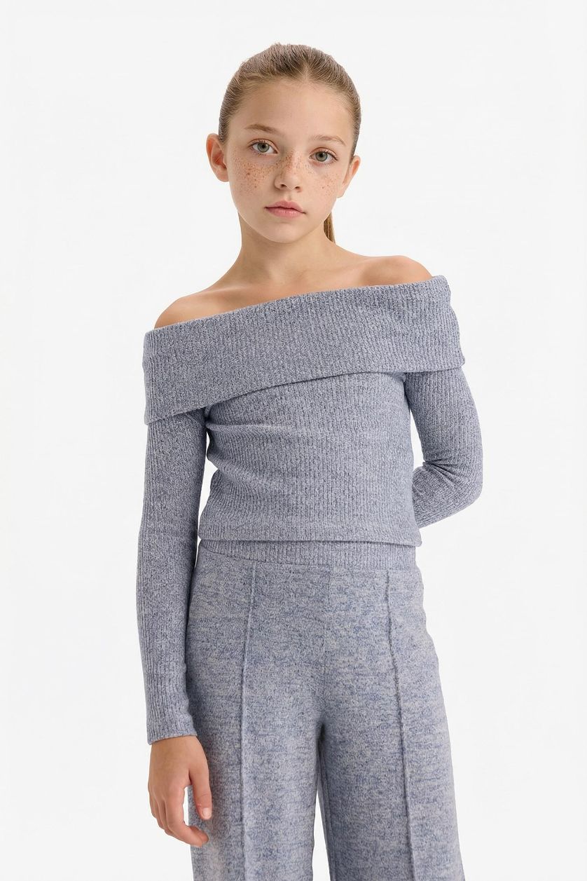 Kız Çocuk - Genç Kız Lacivert 2'li Takım Omzu Açık Bluz Geniş Bol Paça Pantolon Kız Çocuk