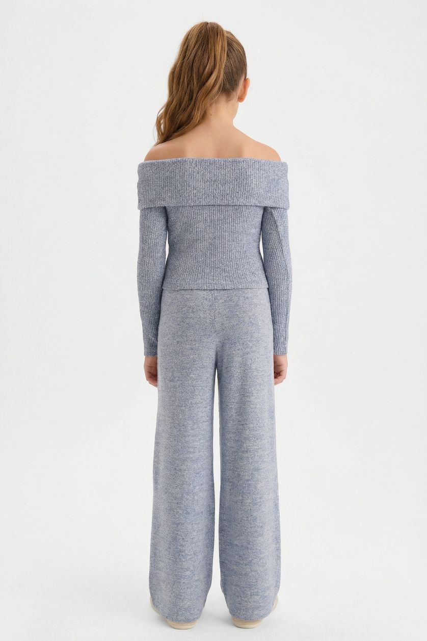 Kız Çocuk - Genç Kız Lacivert 2'li Takım Omzu Açık Bluz Geniş Bol Paça Pantolon Kız Çocuk