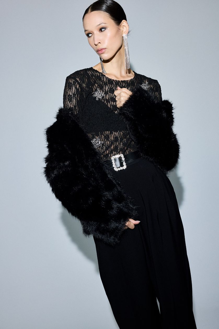 Woman Black Slim Fit Embroidered Long Sleeve Lace Top