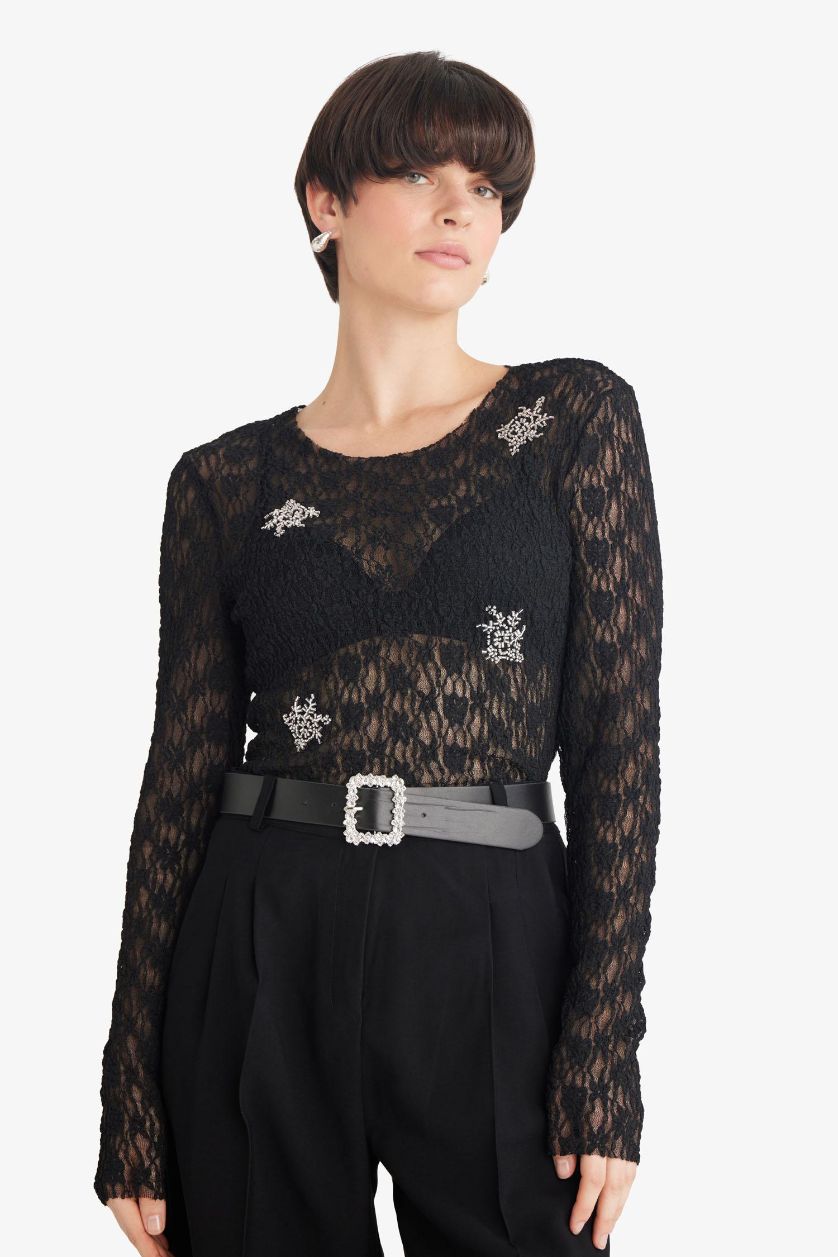 Woman Black Slim Fit Embroidered Long Sleeve Lace Top