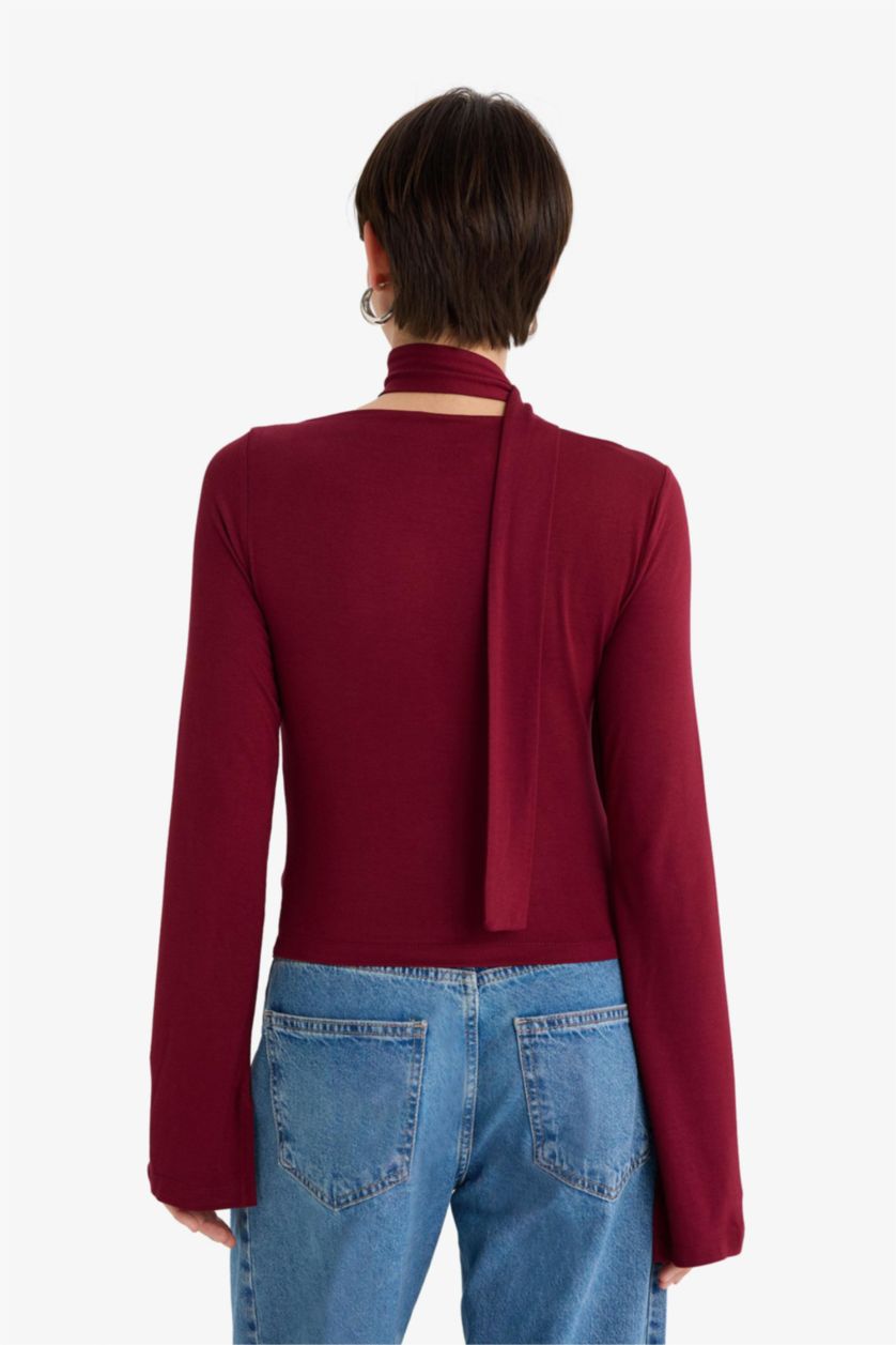 Woman Bordeaux Slim Fit Boat Neck Shawl Detailed Long Sleeve Blouse