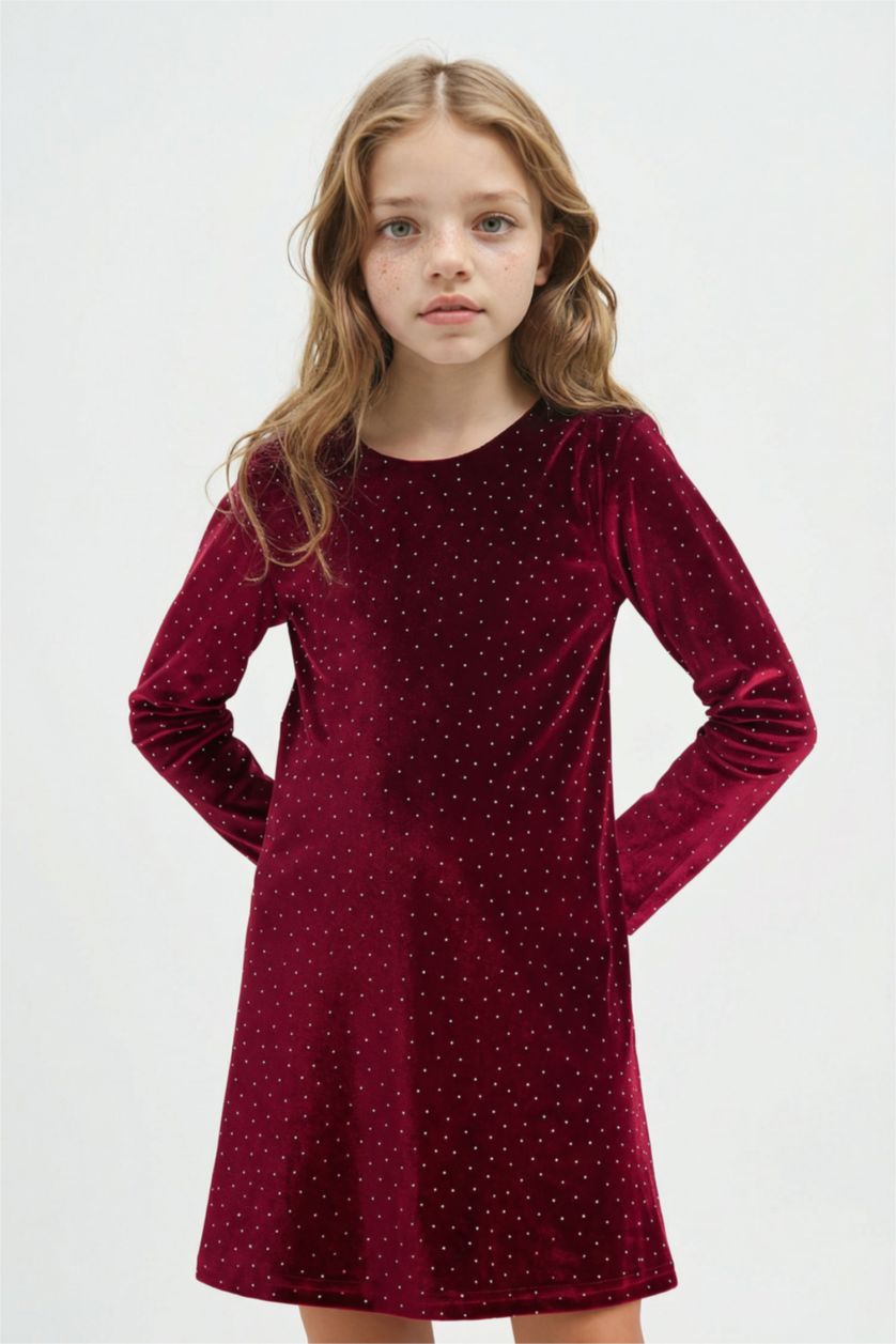 Kız Çocuk - Genç Kız Bordo Bisiklet Yaka Kadife Uzun Kollu Elbise Kız Çocuk