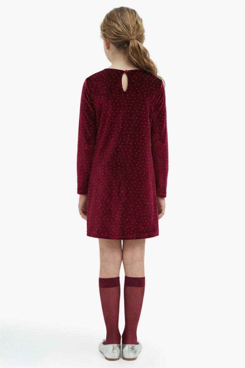 Kız Çocuk - Genç Kız Bordo Bisiklet Yaka Kadife Uzun Kollu Elbise Kız Çocuk