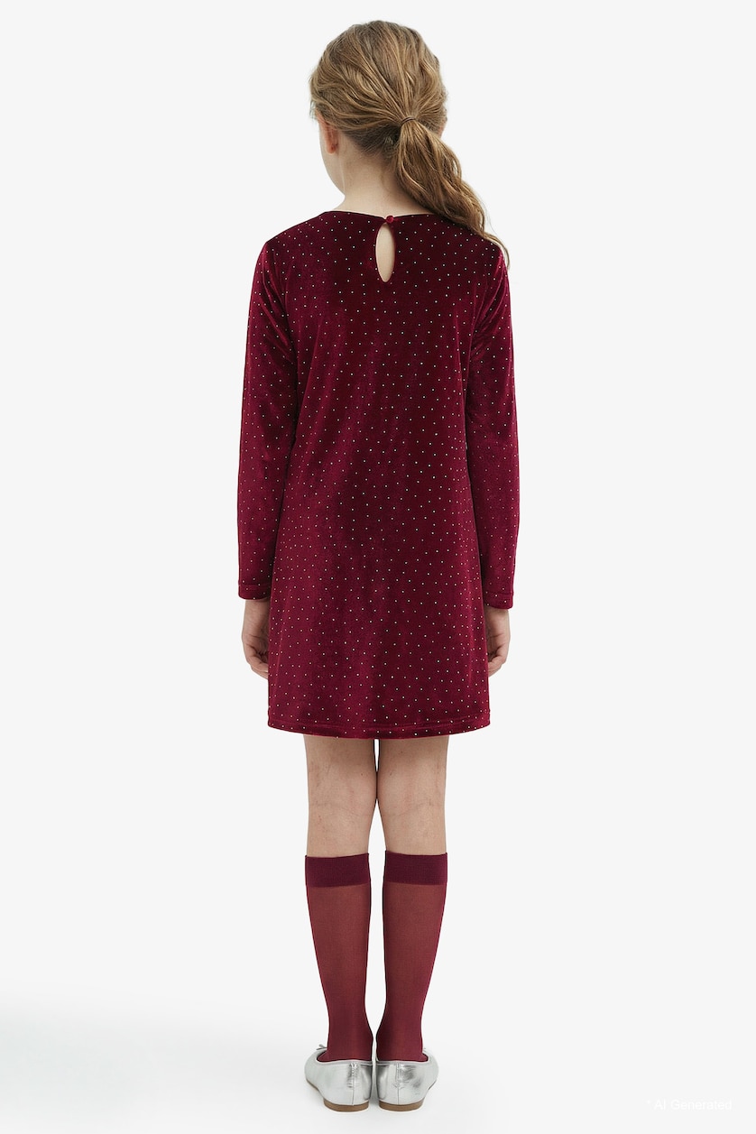Girls & Teens Bordeaux Girl Crew Neck Velvet Long Sleeve Dress