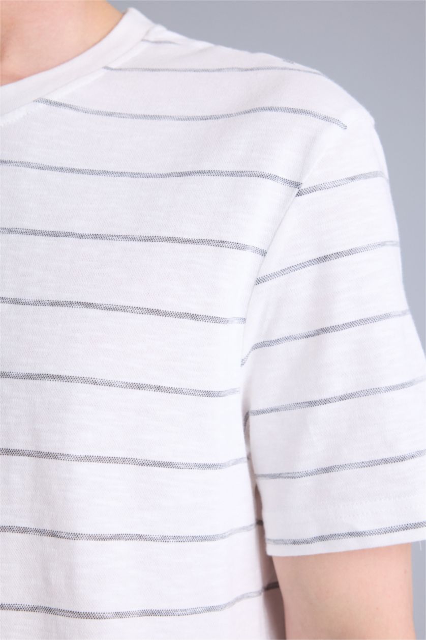Erkek Ekru Regular Fıt Bisiklet Yaka Çizgili Tişört