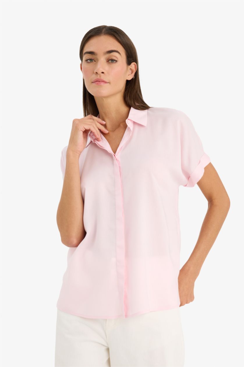 نساء زهري قميص نص كم قصة عادية بياقة قميص