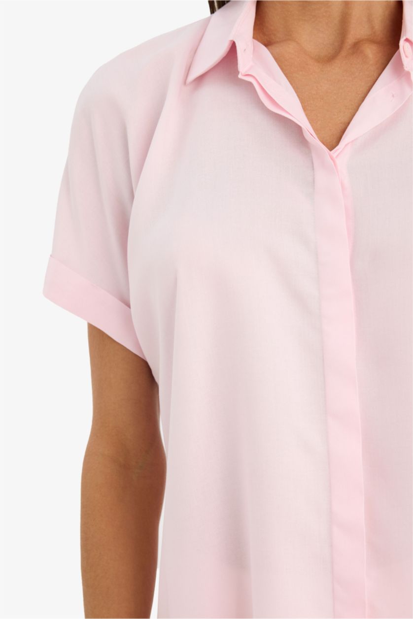 نساء زهري قميص نص كم قصة عادية بياقة قميص