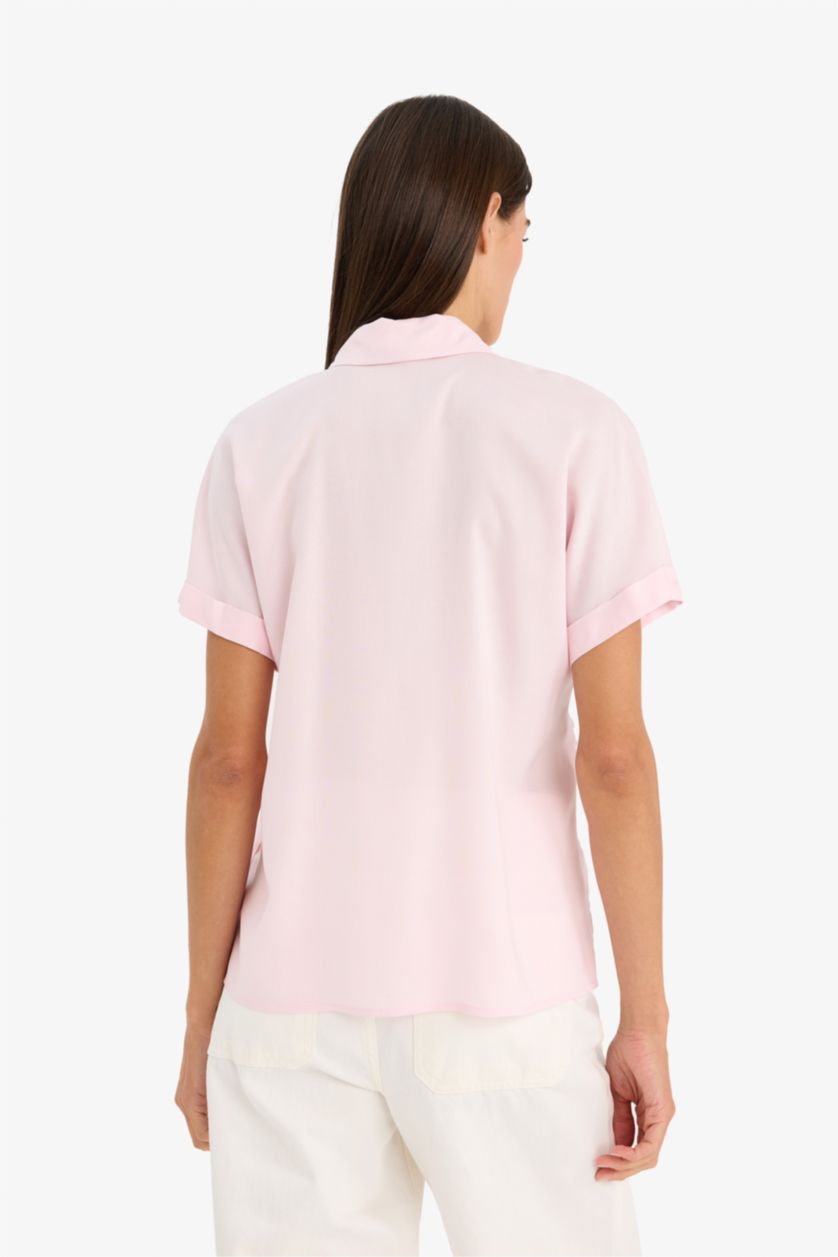 نساء زهري قميص نص كم قصة عادية بياقة قميص