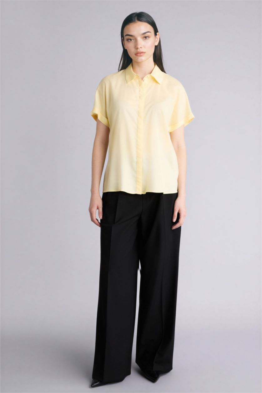 نساء أصفر فاتح قميص نص كم قصة عادية بياقة قميص