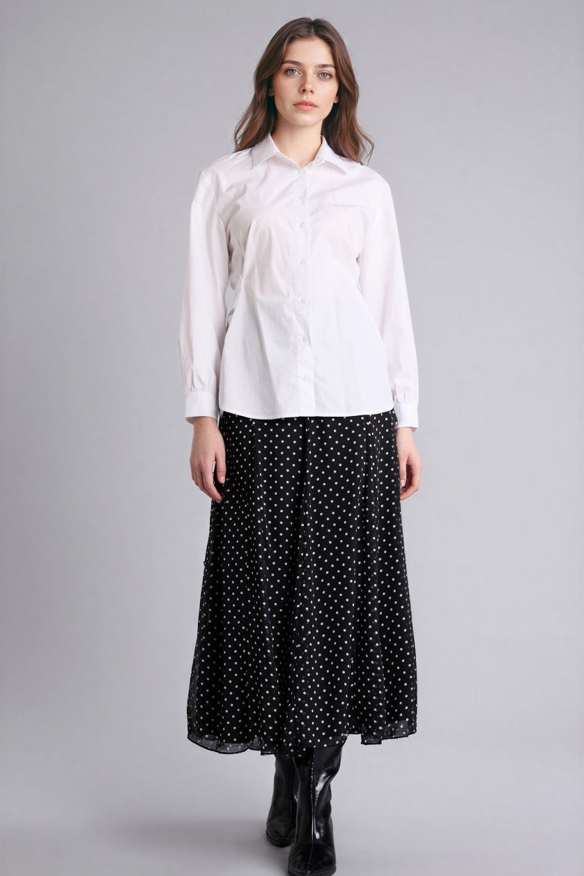 Kadın Siyah Puantiyeli Şifon Midi Etek