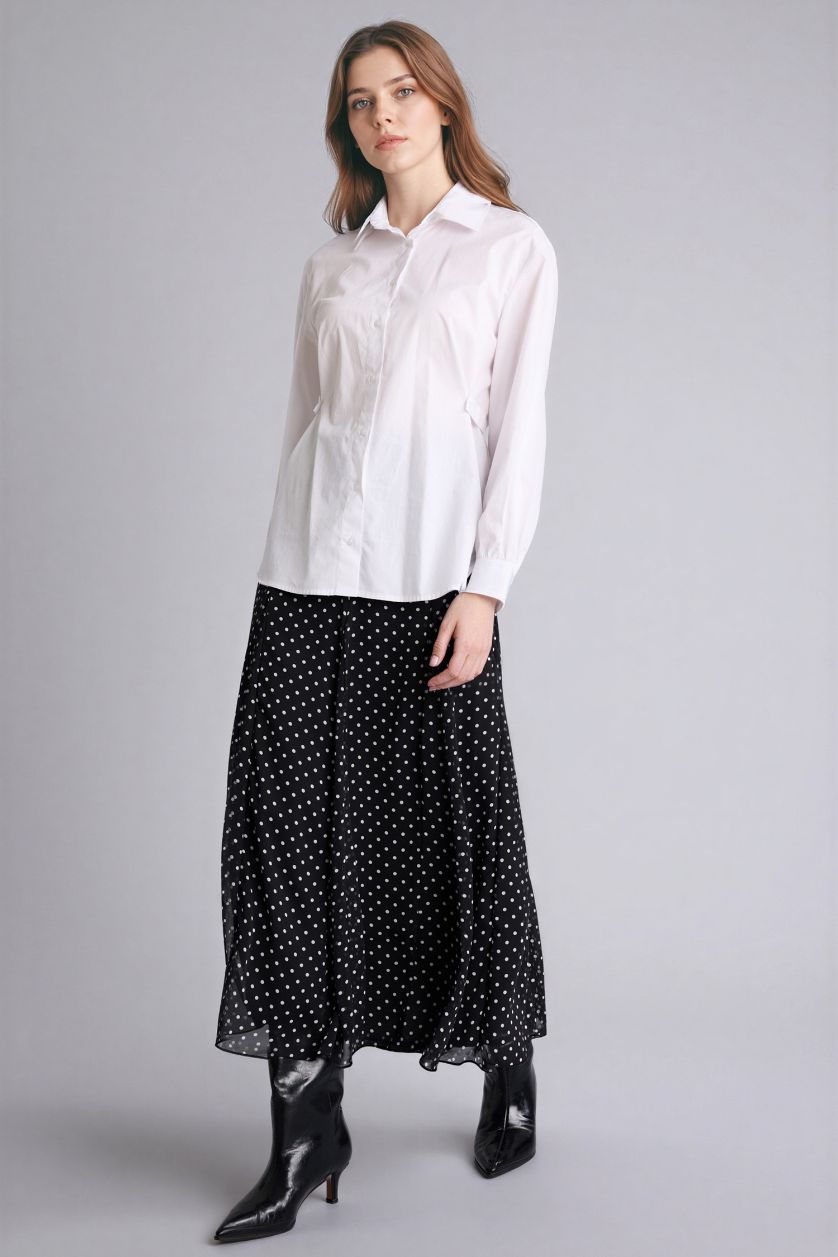 Kadın Siyah Puantiyeli Şifon Midi Etek