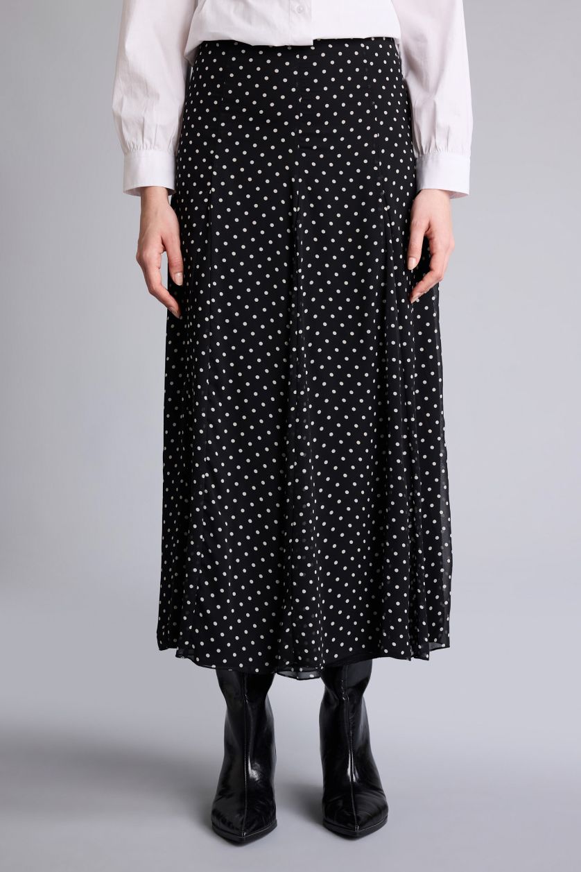 Kadın Siyah Puantiyeli Şifon Midi Etek