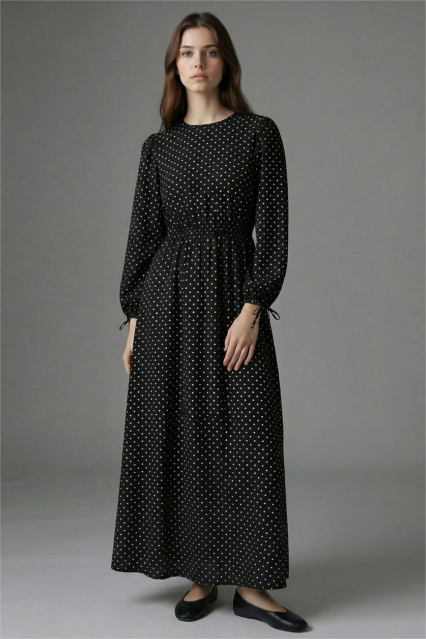 WOMAN Black Crew Neck Printed Poplin Balloon Sleeves Dress