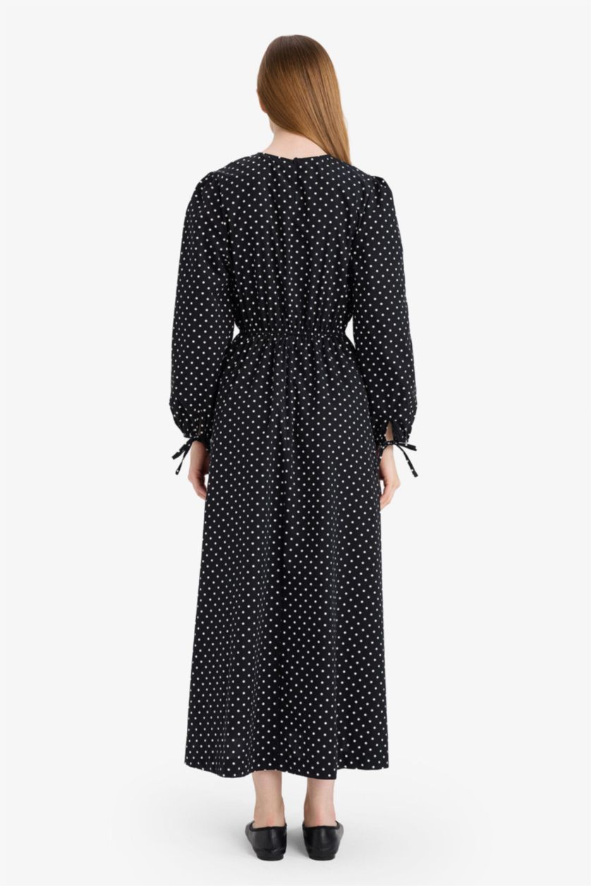 WOMAN Black Crew Neck Printed Poplin Balloon Sleeves Dress