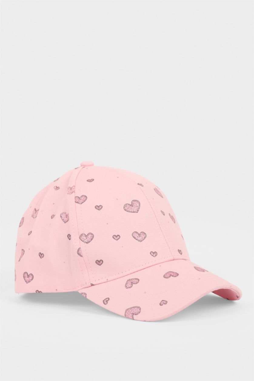 Kız Çocuk - Genç Kız Pembe Kalp Desenli Pamuklu Cap Şapka Kız Çocuk