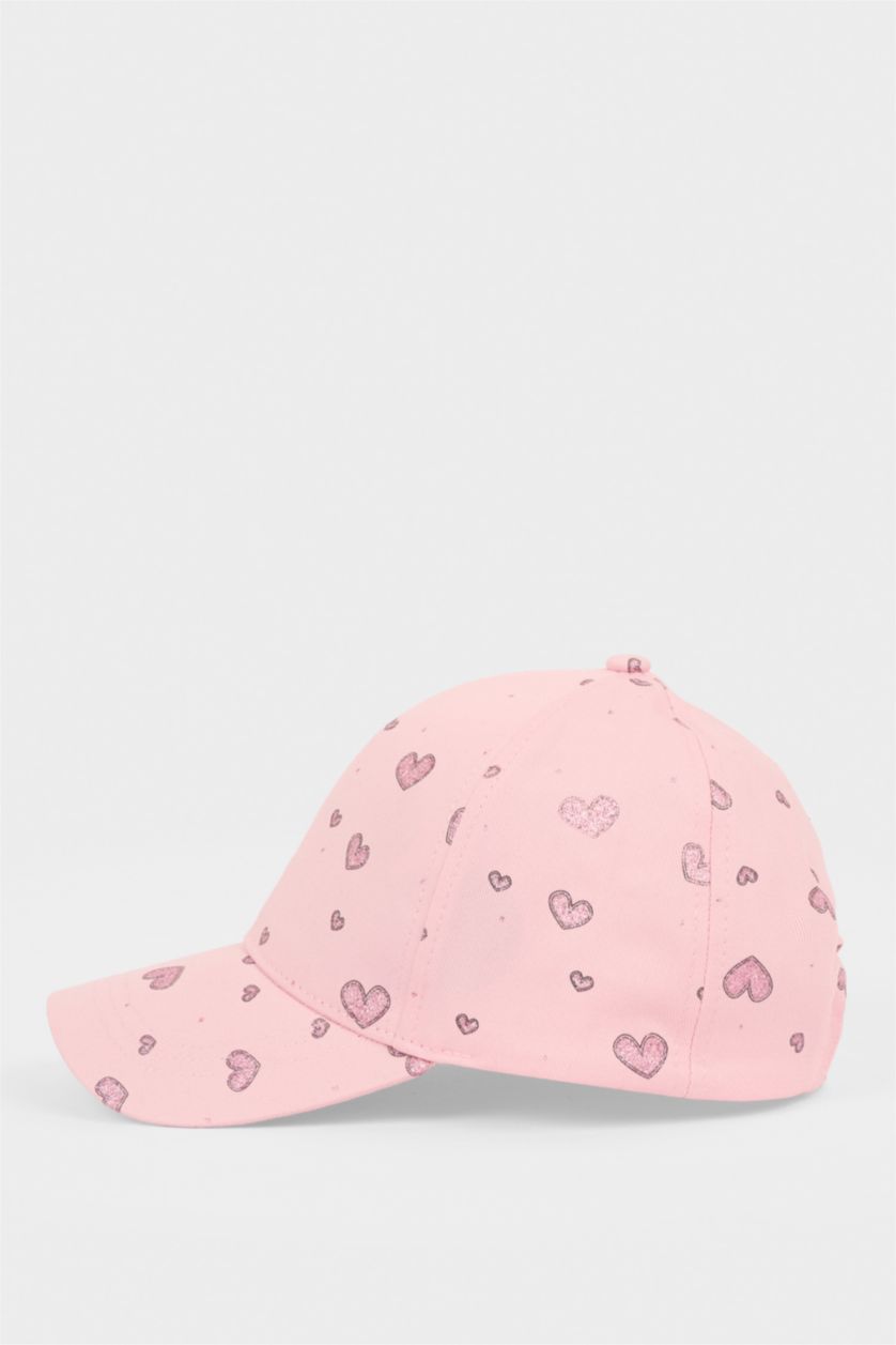 Kız Çocuk - Genç Kız Pembe Kalp Desenli Pamuklu Cap Şapka Kız Çocuk