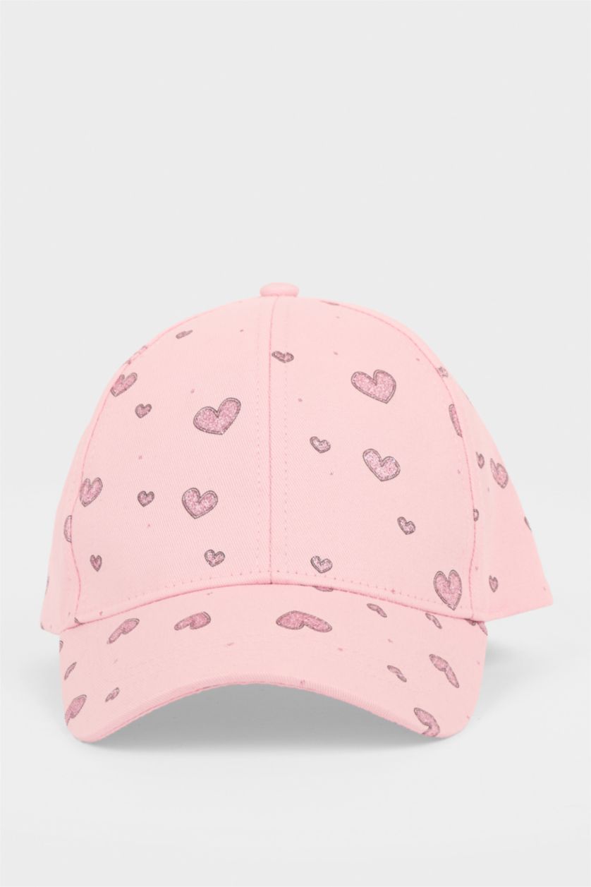 Kız Çocuk - Genç Kız Pembe Kalp Desenli Pamuklu Cap Şapka Kız Çocuk