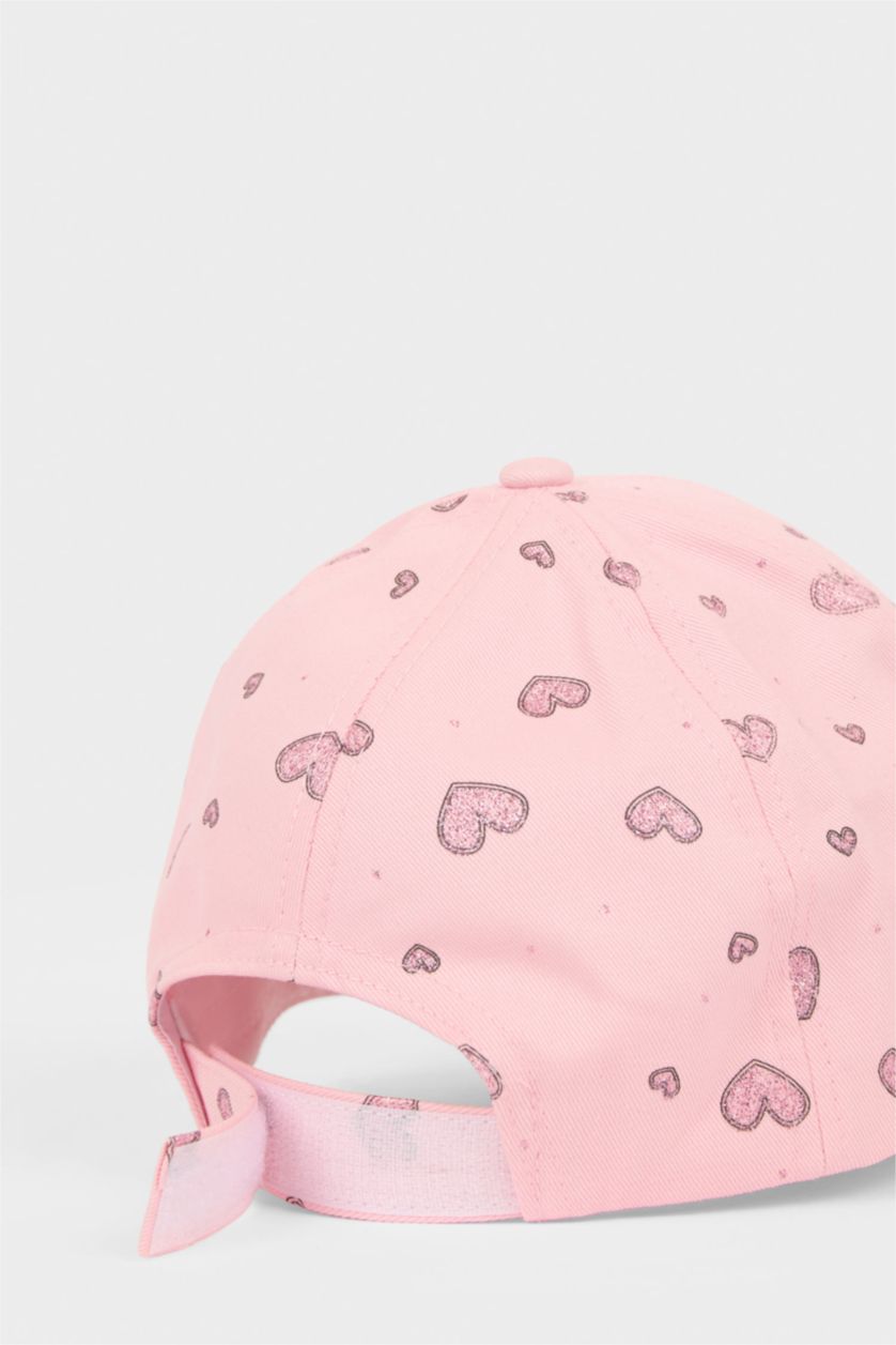 Kız Çocuk - Genç Kız Pembe Kalp Desenli Pamuklu Cap Şapka Kız Çocuk