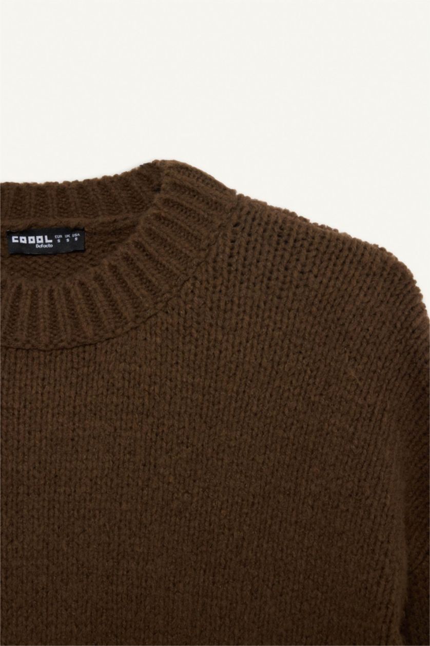 نساء بني بلوز صوف اوفر سايز بياخة مستديرة