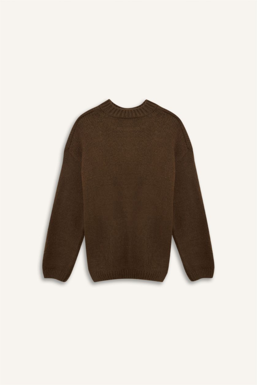 نساء بني بلوز صوف اوفر سايز بياخة مستديرة