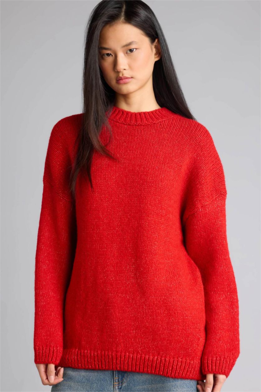 Kadın Kırmızı Oversıze Bisiklet Yaka Kazak