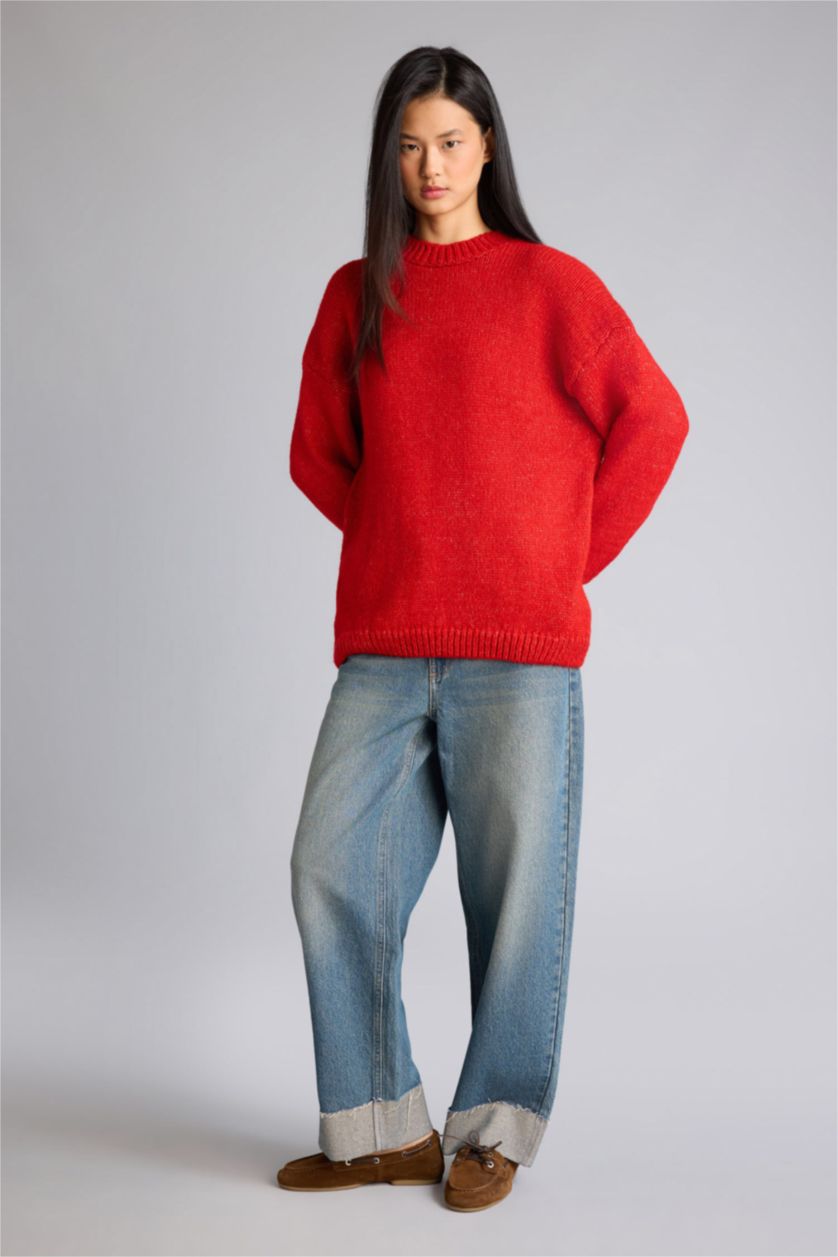 Kadın Kırmızı Oversıze Bisiklet Yaka Kazak