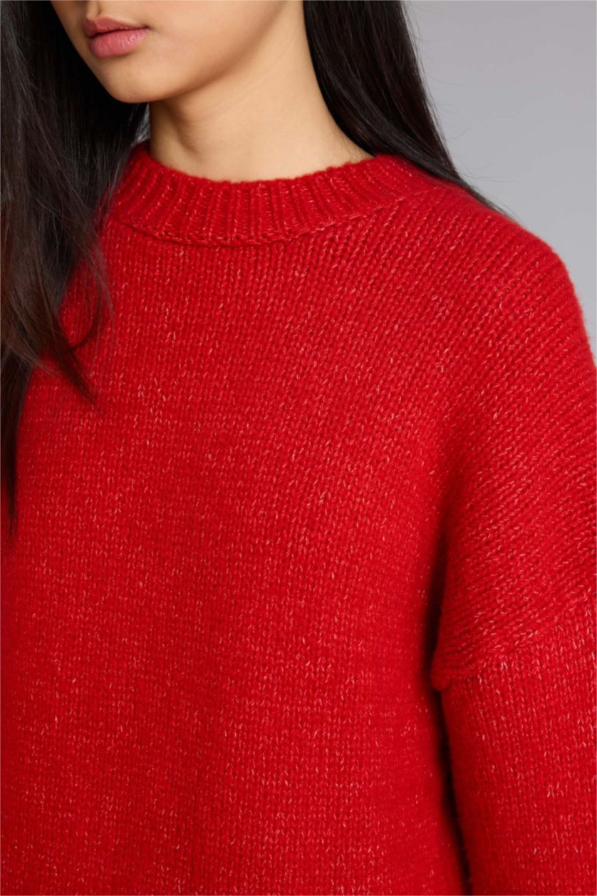 Kadın Kırmızı Oversıze Bisiklet Yaka Kazak