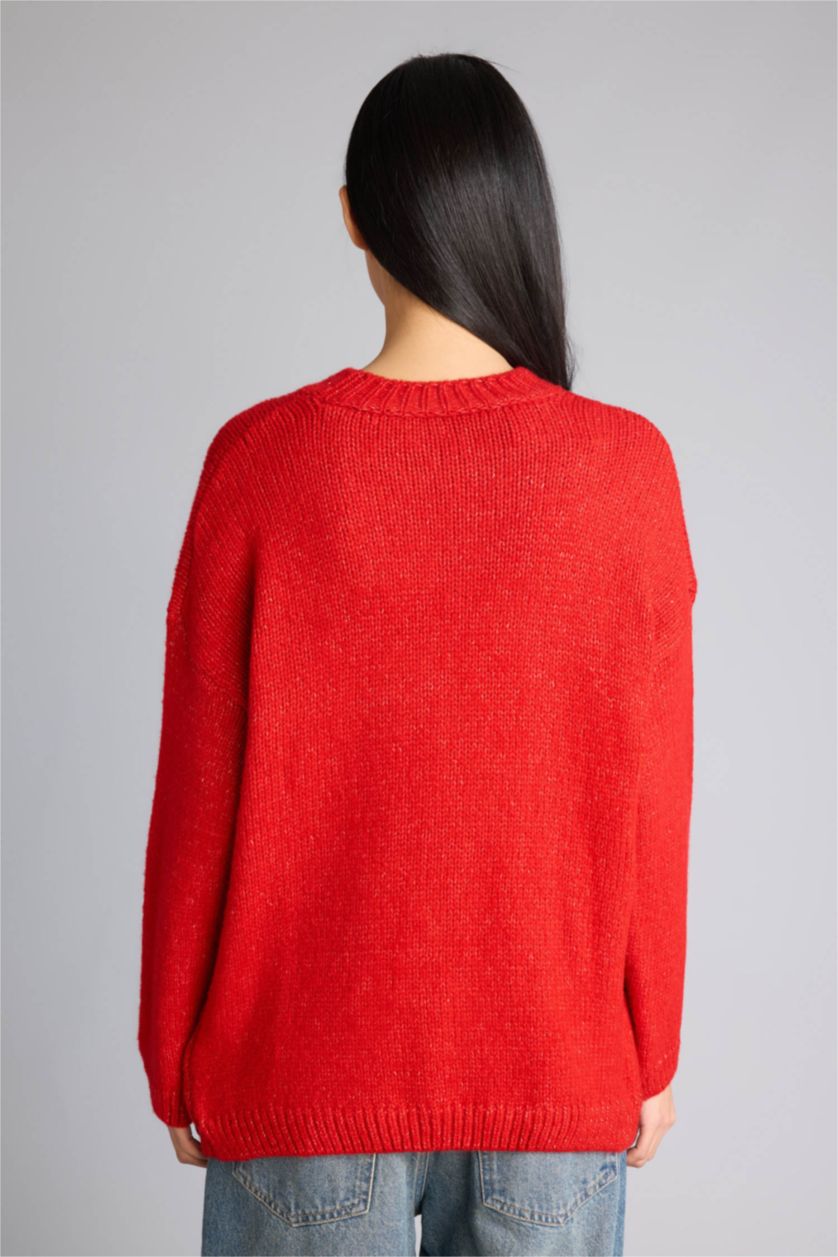 Kadın Kırmızı Oversıze Bisiklet Yaka Kazak