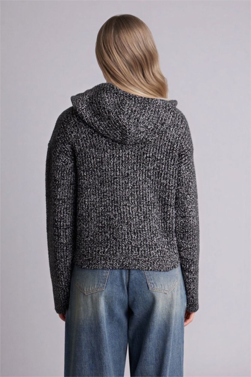 نساء أسود جاكيت تريكو اوفر سايز بغطاء للرأس