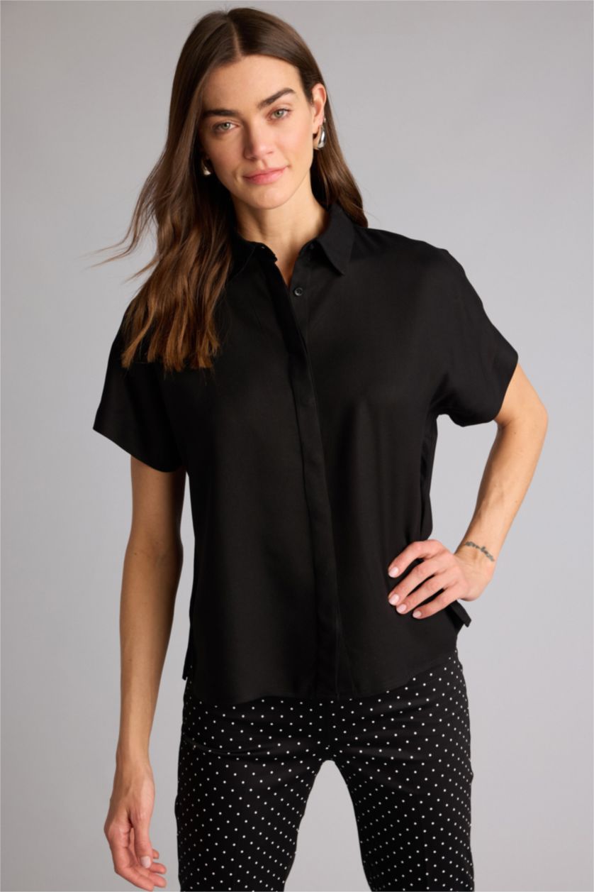 WOMAN Black Regular Fit Shirt Collar Short Sleeve Shirt