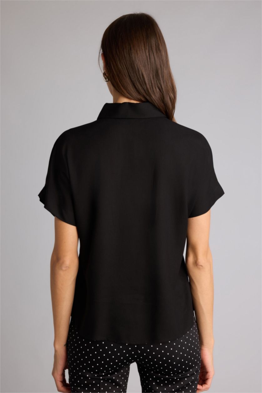 WOMAN Black Regular Fit Shirt Collar Short Sleeve Shirt