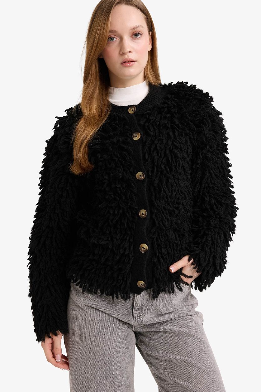 Kadın Siyah Oversize Geniş Kalıp Bisiklet Yaka Hırka