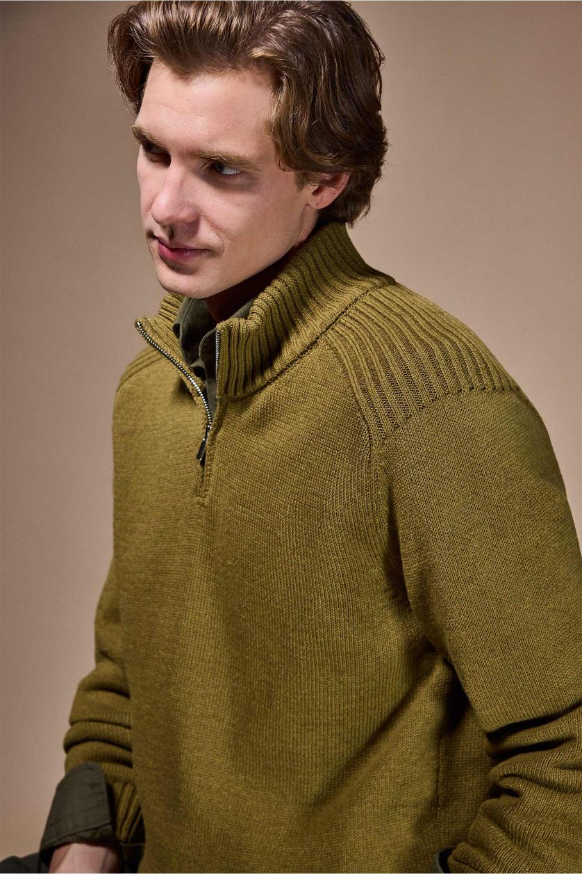 Erkek Haki Standart Fıt Triko Kazak