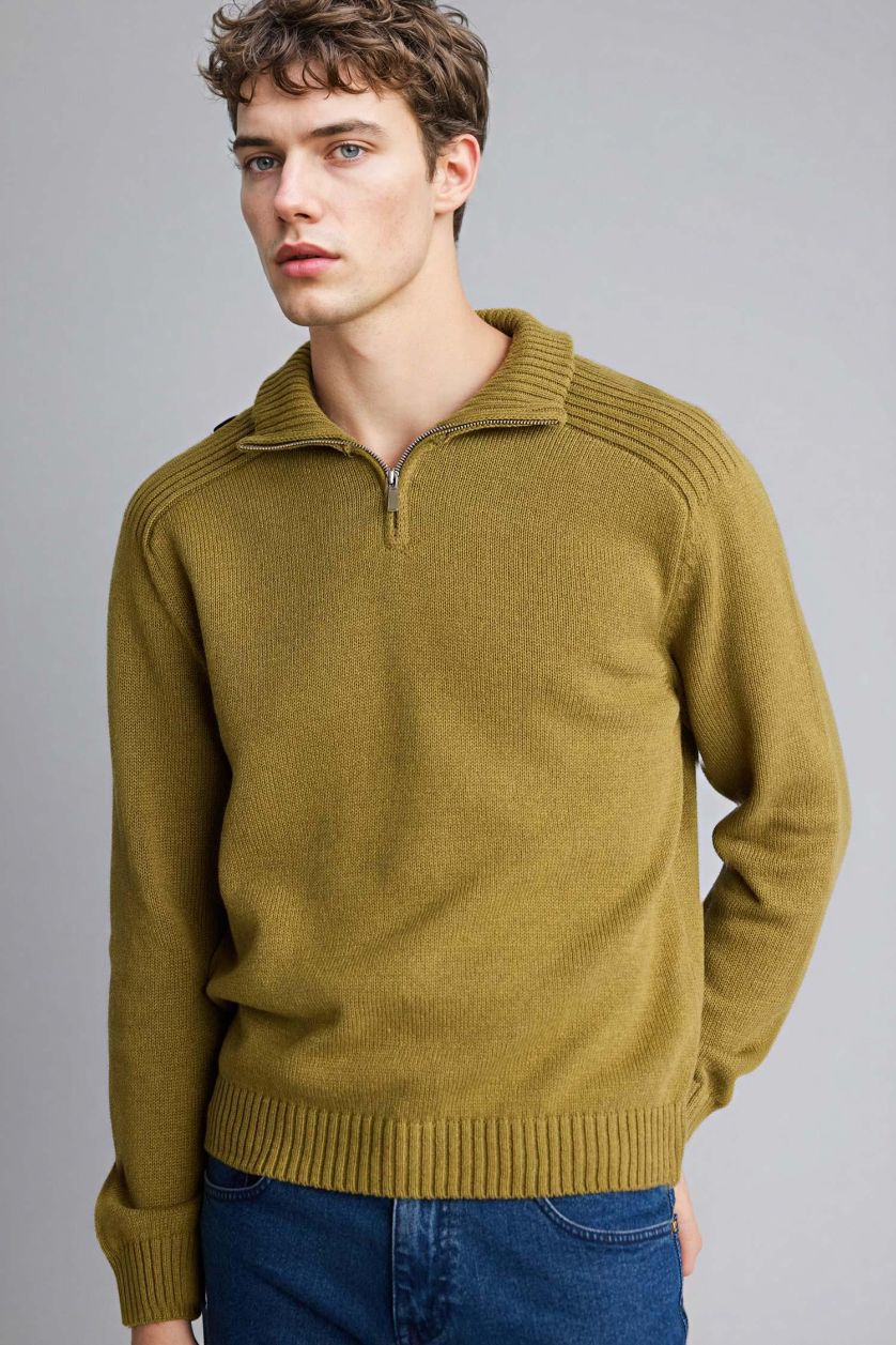 Erkek Haki Standart Fıt Triko Kazak