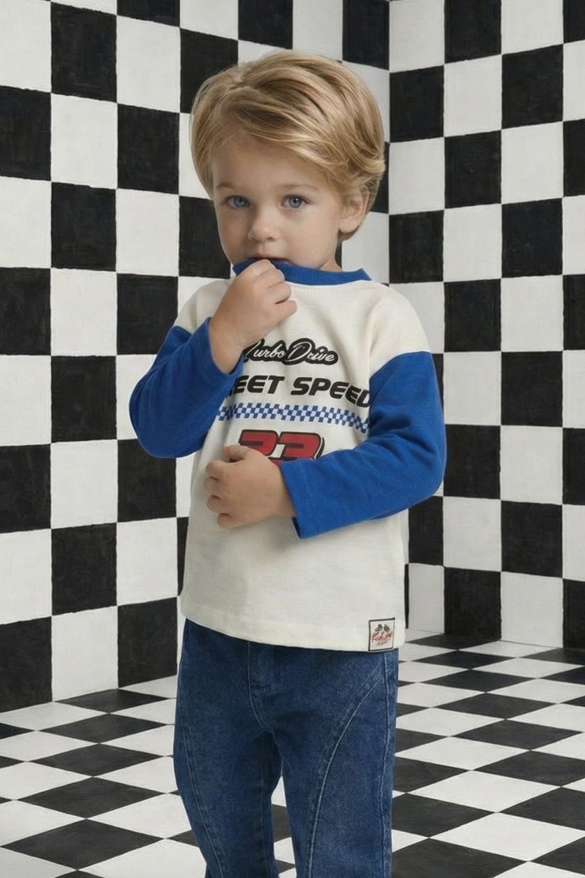 Erkek Bebek Ekru Oversize Geniş Kalıp Bisiklet Yaka Baskılı Uzun Kollu Tişört Erkek Bebek