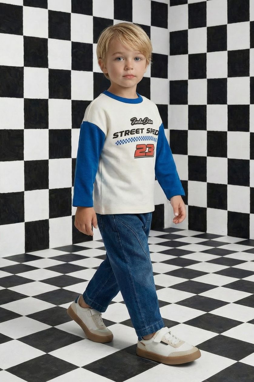 Erkek Bebek Ekru Oversize Geniş Kalıp Bisiklet Yaka Baskılı Uzun Kollu Tişört Erkek Bebek