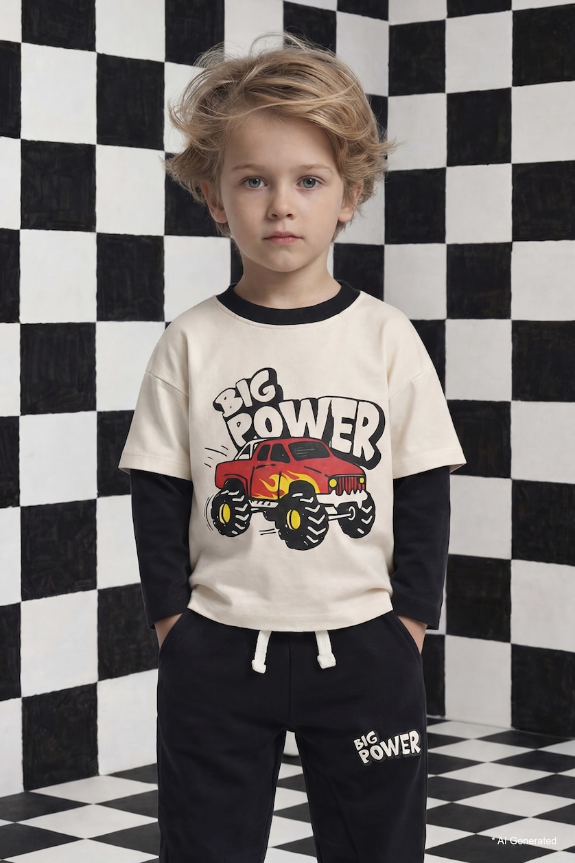 BABY BOY Ecru Boy Oversize Crew Neck Printed T-shirt